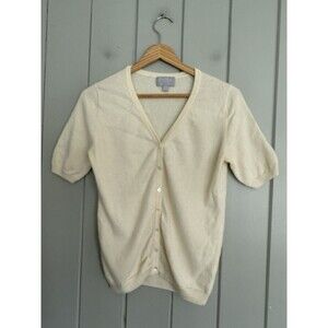 Pure Collection 100% Cashmere Cardigan Sweater 4 Short Sleeve Ivory Gathered